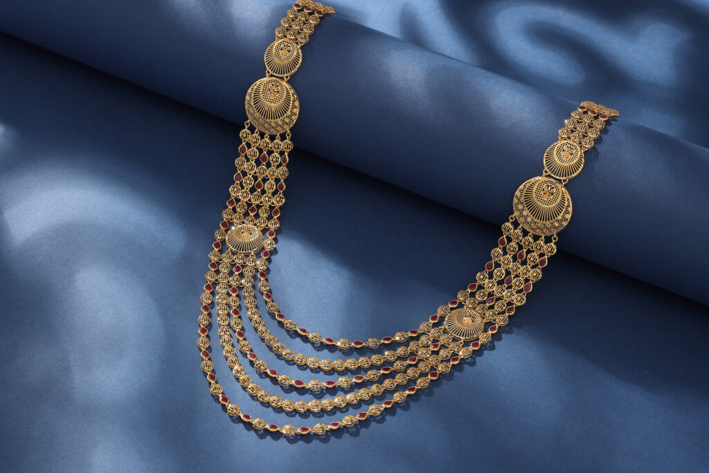 Gold bridal necklace jewellery photography in Hyderabad with professional lighting